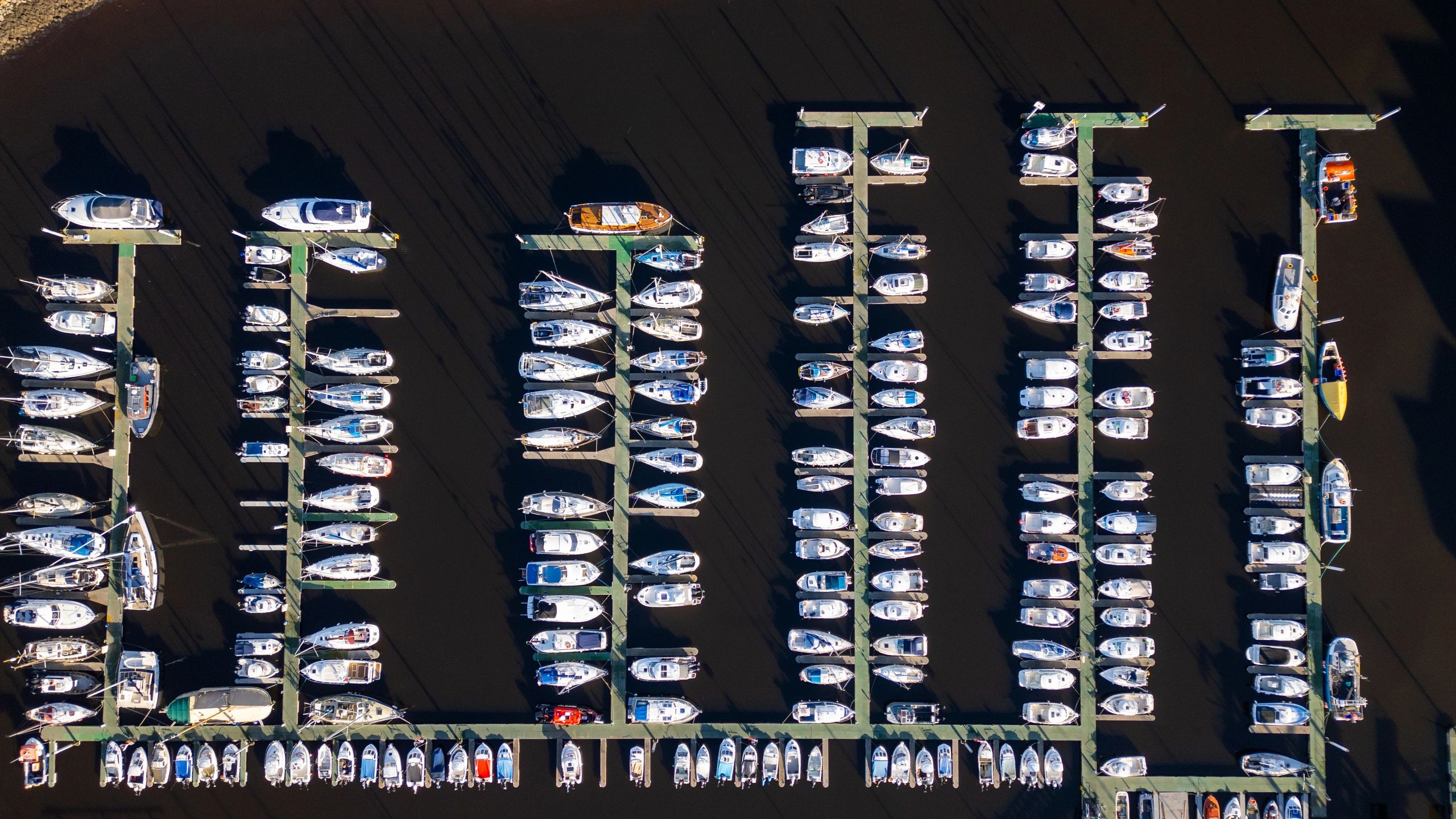 Aerial view of boats moored in a marina